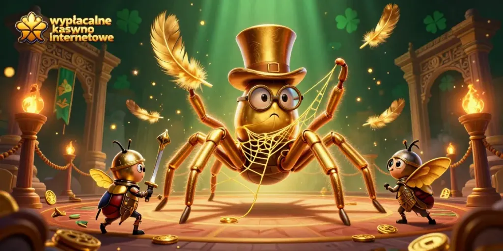 Engage with wypłacalne kasyno internetowe featuring a golden tarantula and beetle knight in a vibrant casino scene.