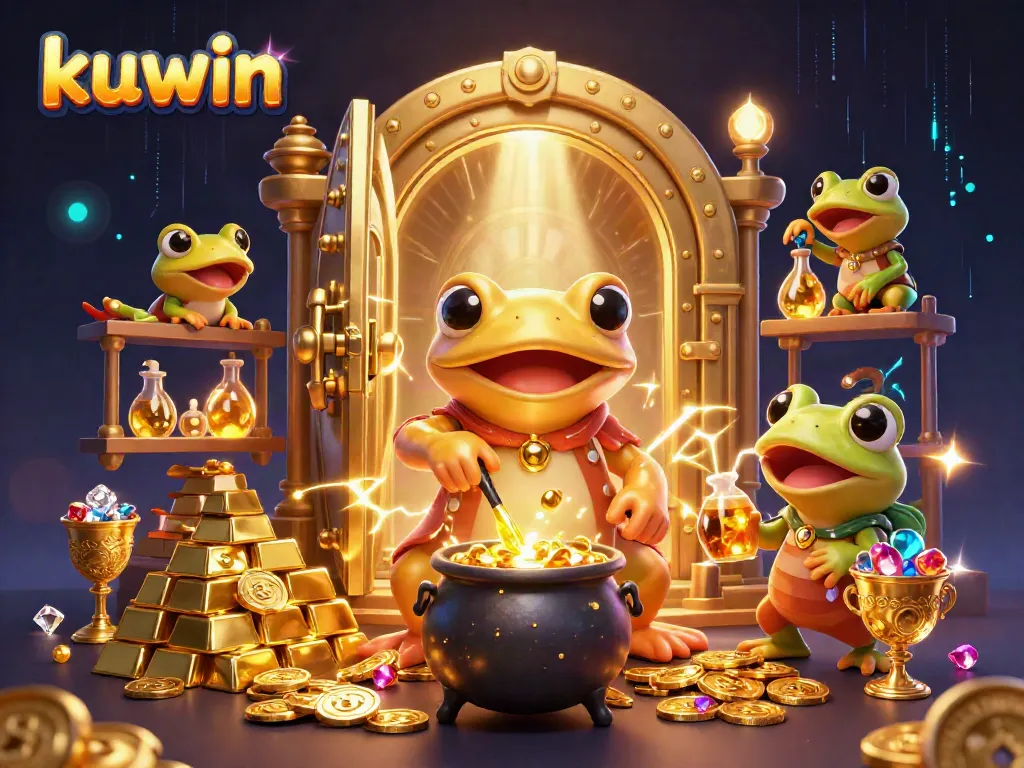 Kuwin's golden alchemist transforms metals into gold coins in a vibrant 3D illustration.