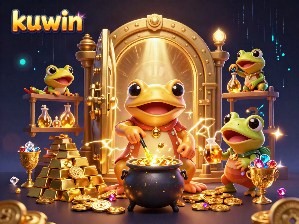Kuwin's golden alchemist transforms metals into gold coins in a vibrant 3D illustration.