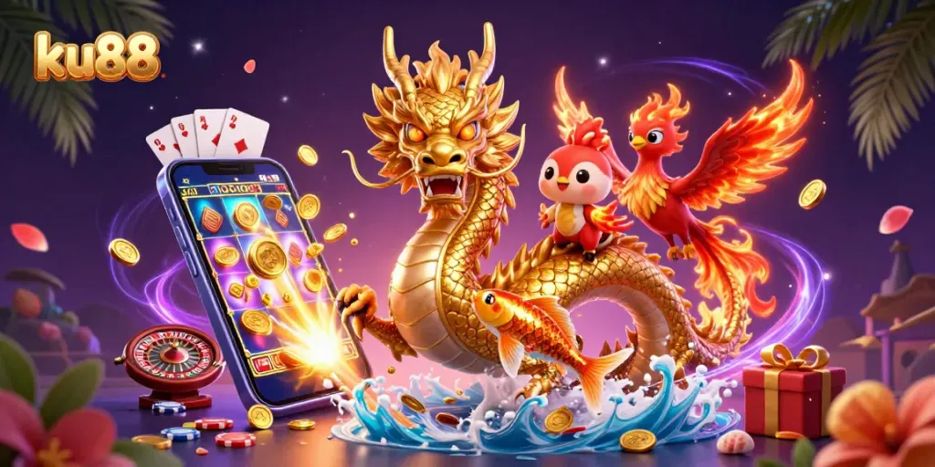 ku88 showcases a powerful dragon, phoenix, and koi fish in a rich casino environment.