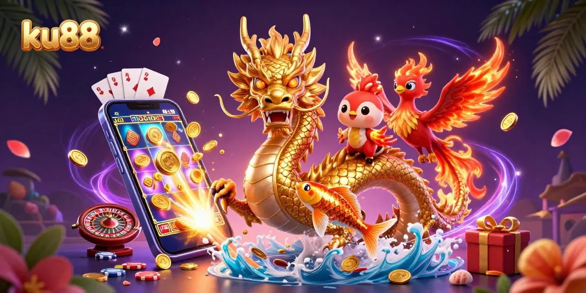 ku88 showcases a powerful dragon, phoenix, and koi fish in a rich casino environment.