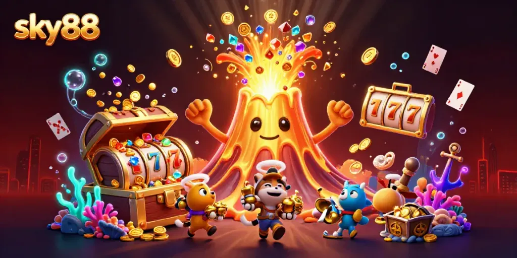 Engage in thrilling gameplay with sky88's vibrant 3D casino illustration showcasing fortune and excitement.