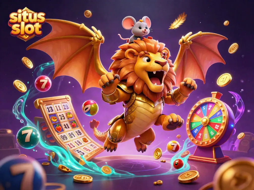 Situs slot illustration showcasing a chimera and mouse jockey in a vibrant casino scene with slot reels.