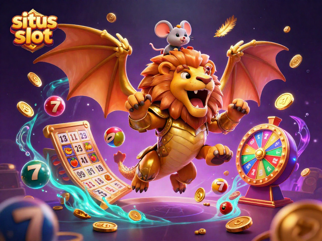 Situs slot illustration showcasing a chimera and mouse jockey in a vibrant casino scene with slot reels.