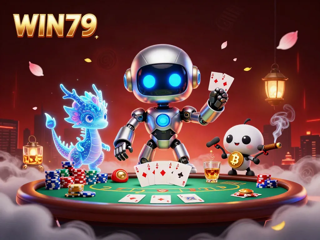 WIN79 strategy scene with neon robot, poker elements, and digital art.