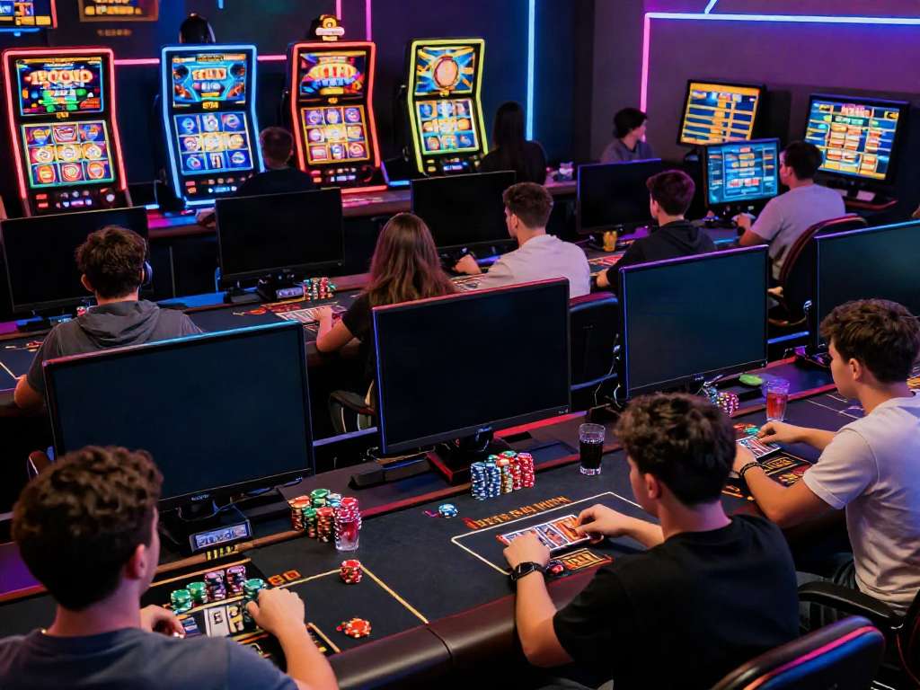 Engaging online gaming scene at https://hitclubt3.com/ with diverse players enjoying casino games in a vibrant, modern setup.
