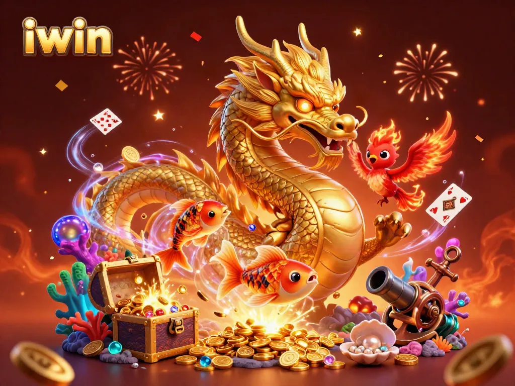 Spin and win with iwin's golden dragon and phoenix amidst a shower of treasure