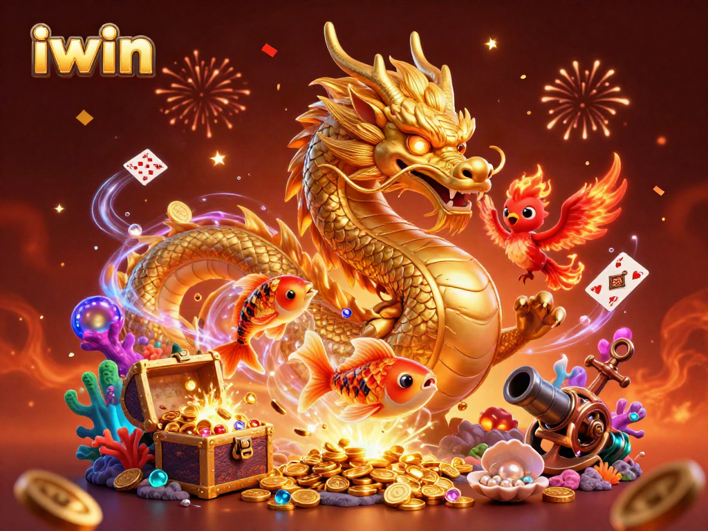 Spin and win with iwin's golden dragon and phoenix amidst a shower of treasure