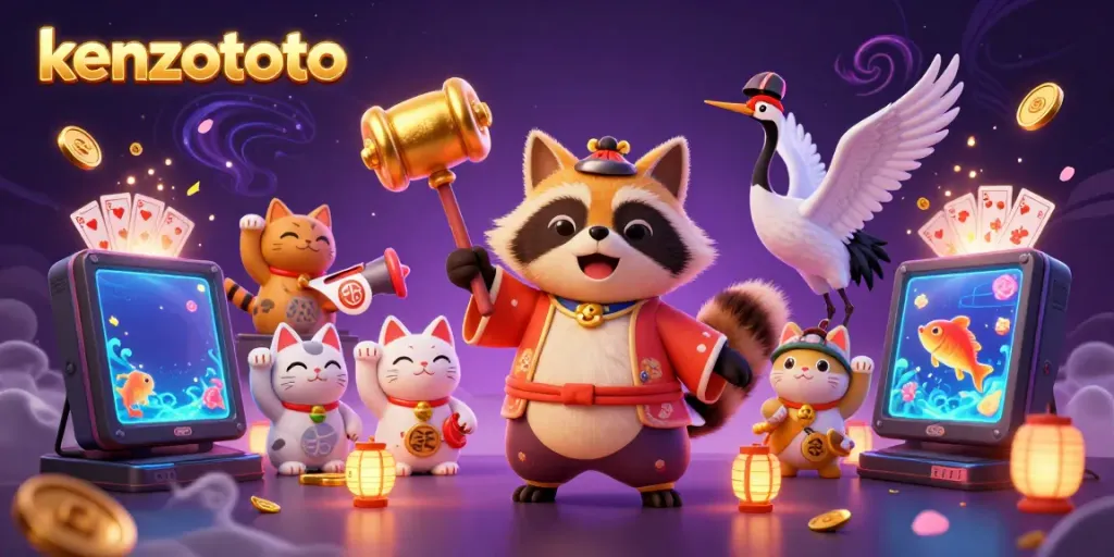 Kenzototo offers fun fish shooting game action with a cheerful tanuki and samurai crane in vibrant 3D.