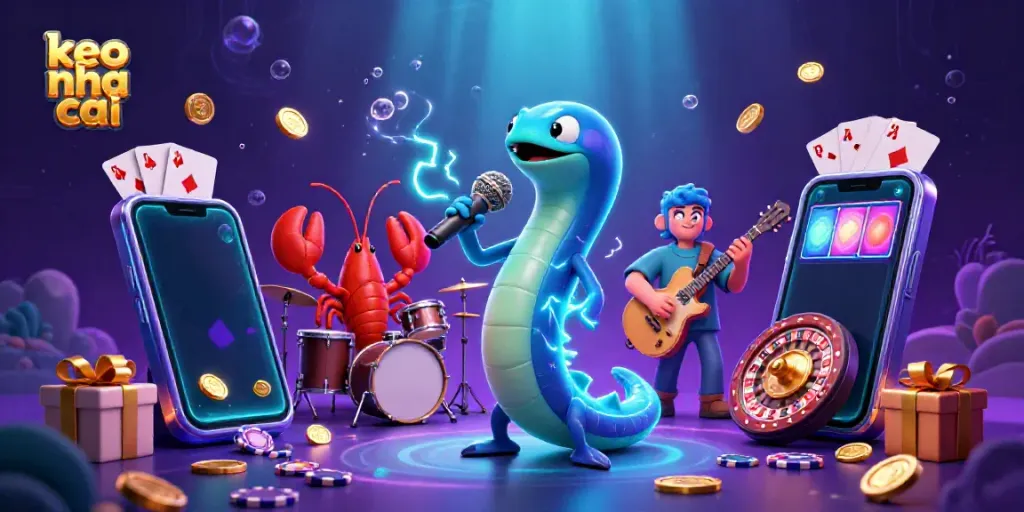 Experience the thrill of keo nha cai as an electric eel DJ performs alongside a band, showcasing vibrant casino elements.