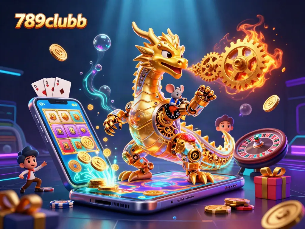 Play with the 789clubb gaming dragon amid golden gears and slot elements