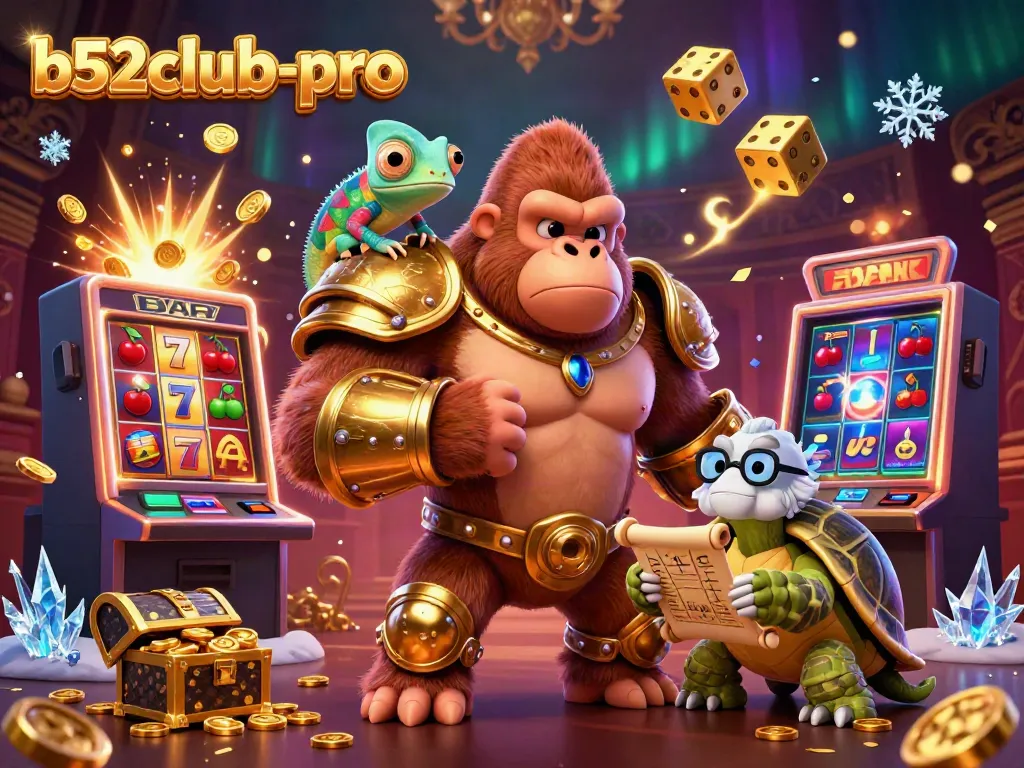 Experience the thrilling b52club-pro action with a gorilla king, chameleon spy, and tortoise elder amidst a jackpot explosion.