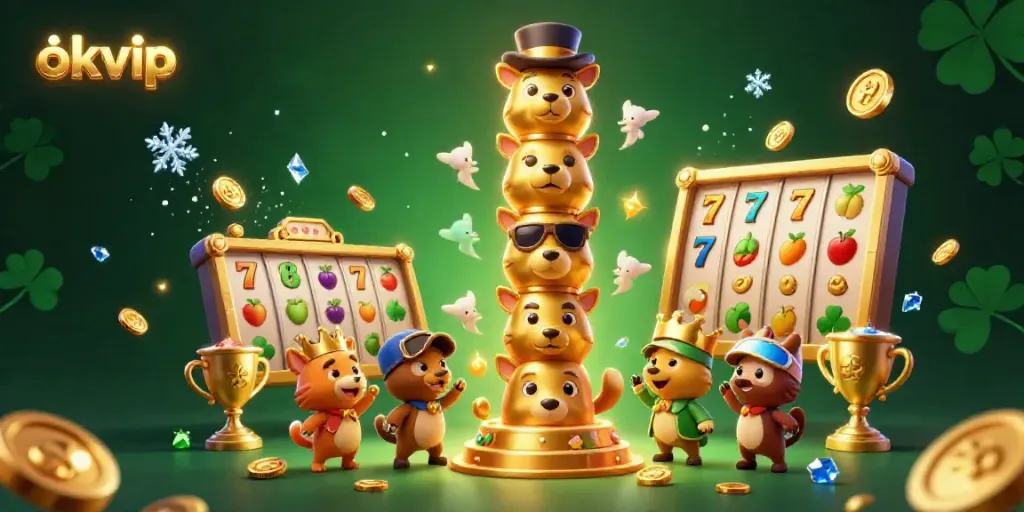 Engage with the vibrant atmosphere of okvip casino games, showcasing a golden totem pole and dynamic slot elements.
