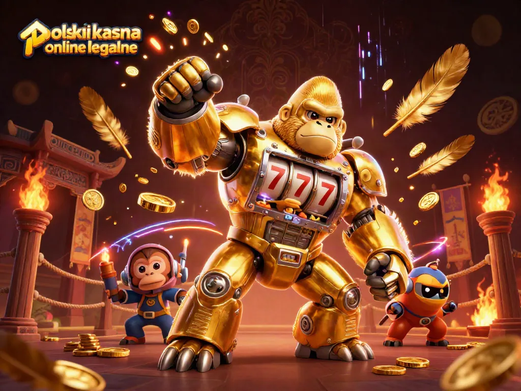 Experience excitement with polskie kasyna online legalne featuring a golden gorilla mech amidst a dynamic gaming scene.