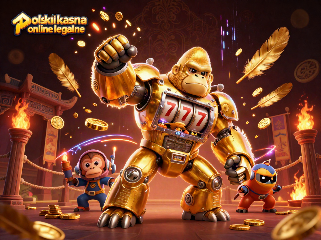 Experience excitement with polskie kasyna online legalne featuring a golden gorilla mech amidst a dynamic gaming scene.