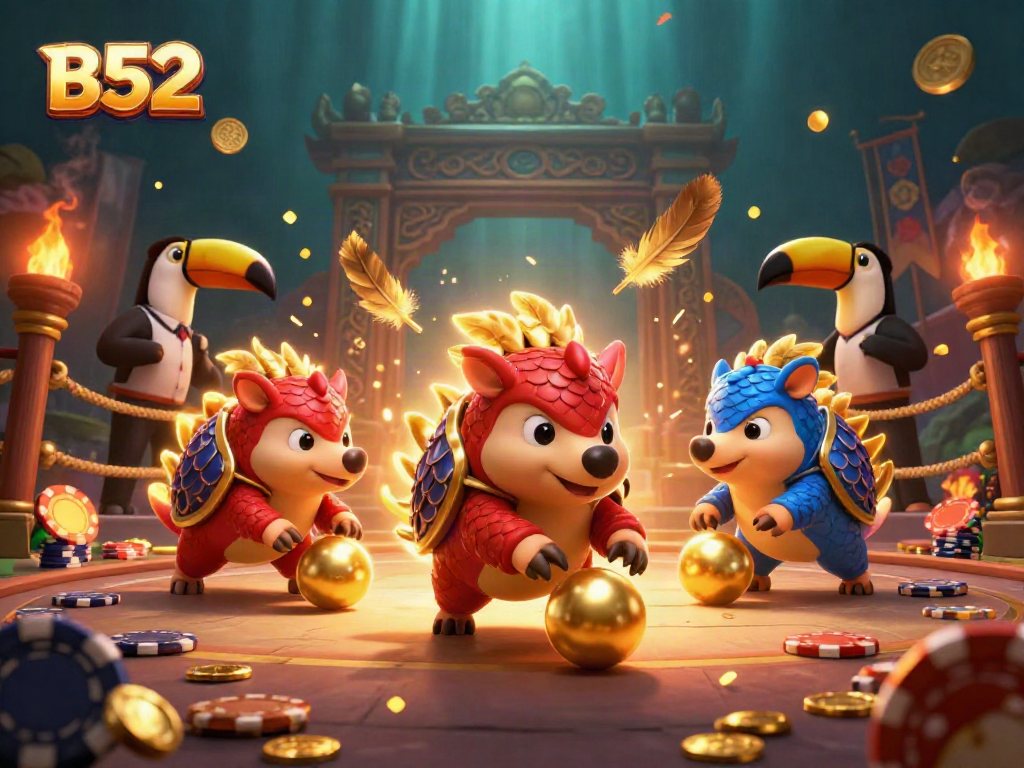 B52 pangolins bowling through poker chips in a colorful casino showdown scene.