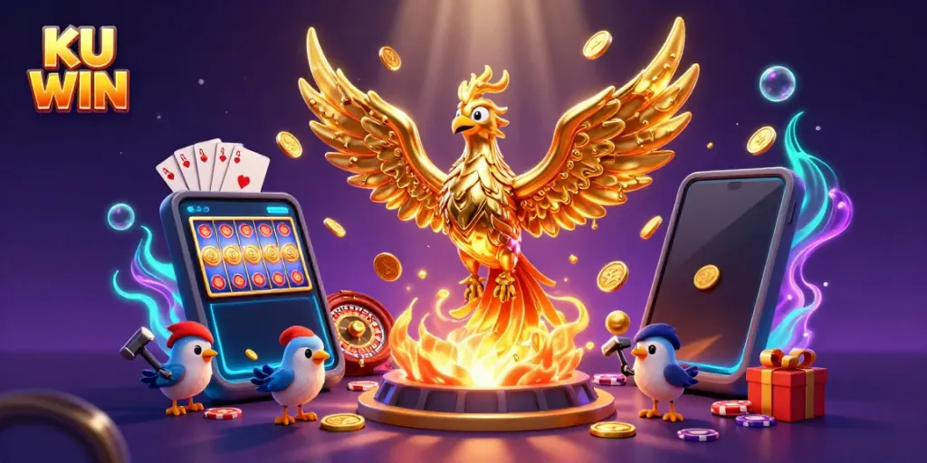 Experience the thrill of KU WIN with an illustration of a molten phoenix and dynamic gaming elements.