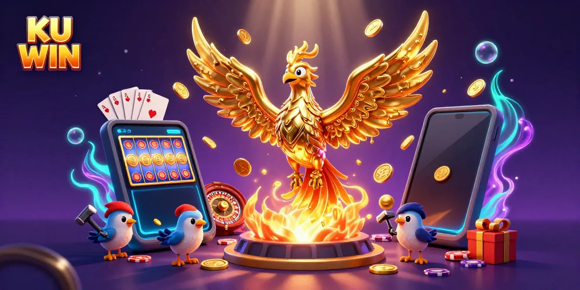 Experience the thrill of KU WIN with an illustration of a molten phoenix and dynamic gaming elements.