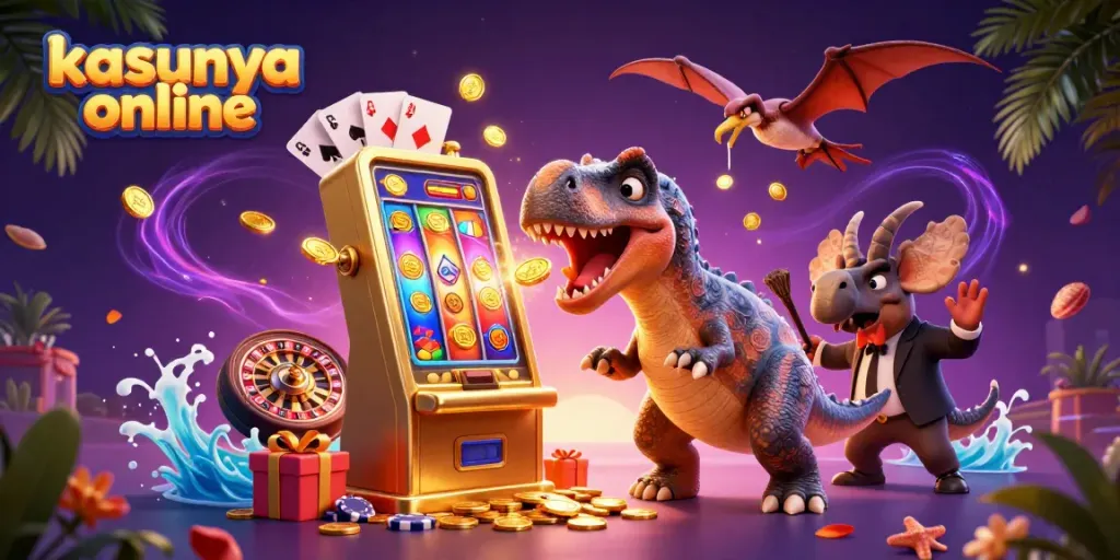 Experience kasyna online with a cartoon pachycephalosaurus winning jackpots and coins erupting.