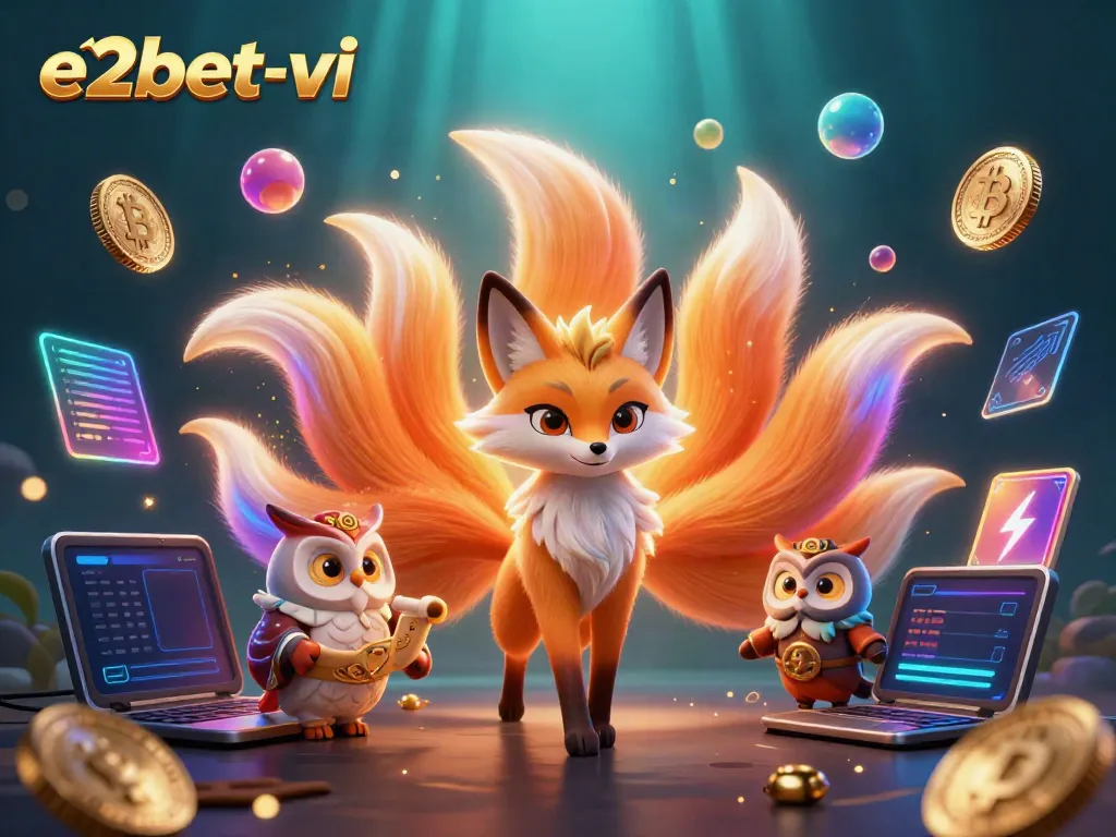Bet big at e2bet-vi with a dazzling nine-tailed fox spirit and crypto elements in a vibrant casino atmosphere.