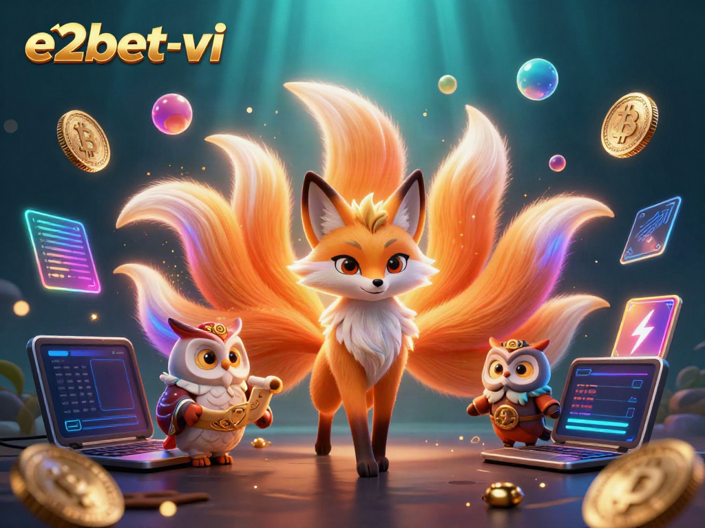 Bet big at e2bet-vi with a dazzling nine-tailed fox spirit and crypto elements in a vibrant casino atmosphere.