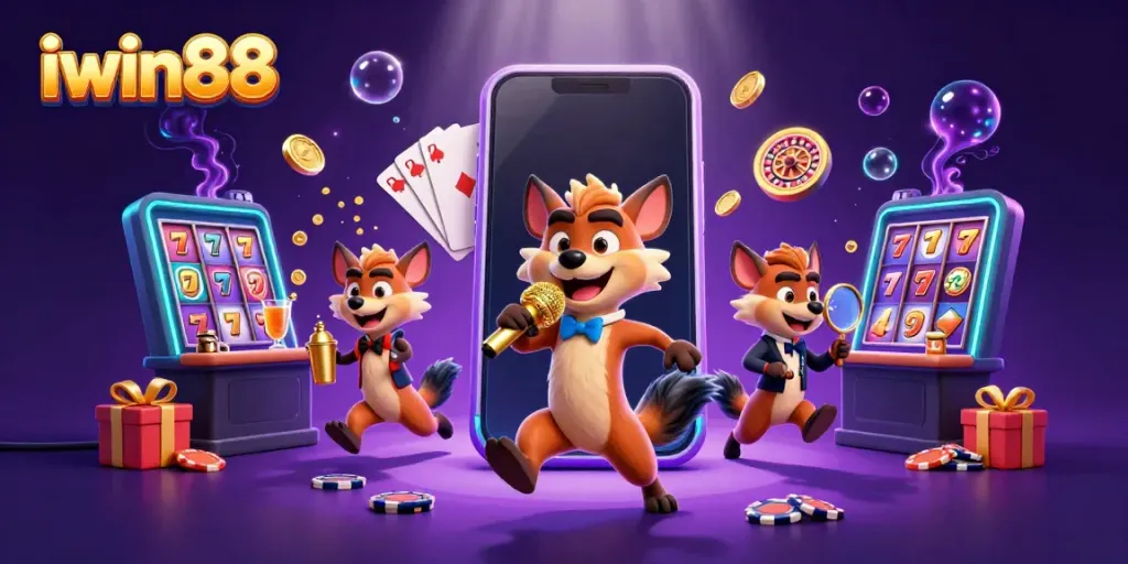 Engage in fun with iwin88 at a comedy casino club run by animated hyenas, full of vibrant gaming elements.