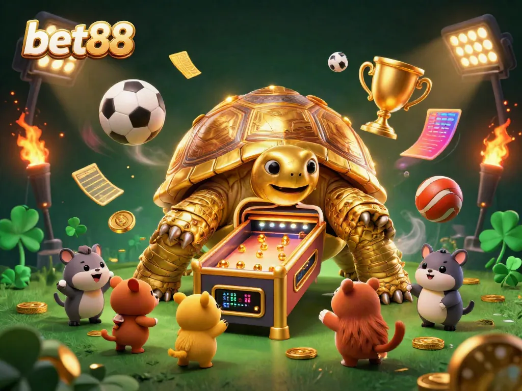 Experience thrilling moments at bet88 with a lively 3D cartoon scene featuring a colossal tortoise pinball machine.