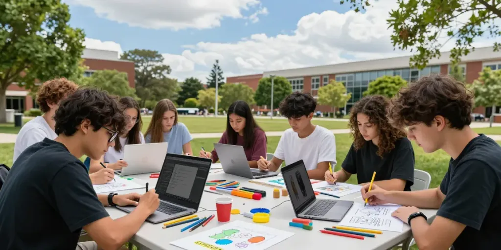 Students participating in the SUPER33 link creative workshop outdoors, showcasing artistic expression and collaboration.