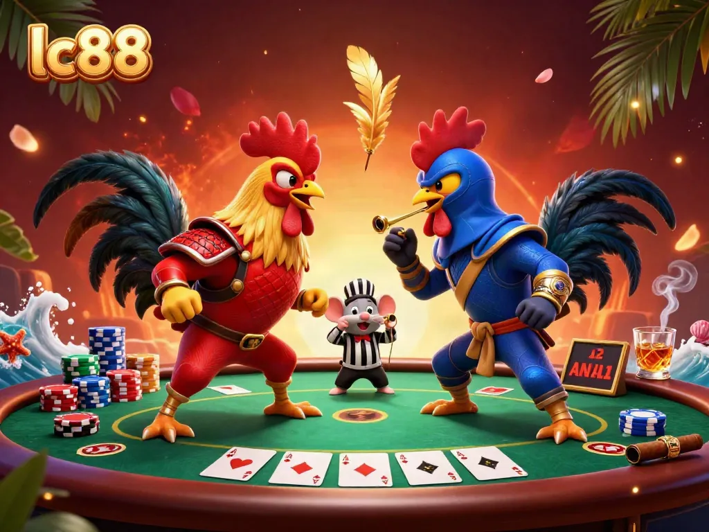 Experience the thrill of lc88 as roosters battle amidst poker chips and cards.