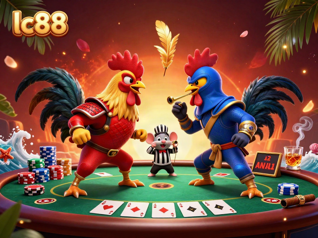 Experience the thrill of lc88 as roosters battle amidst poker chips and cards.