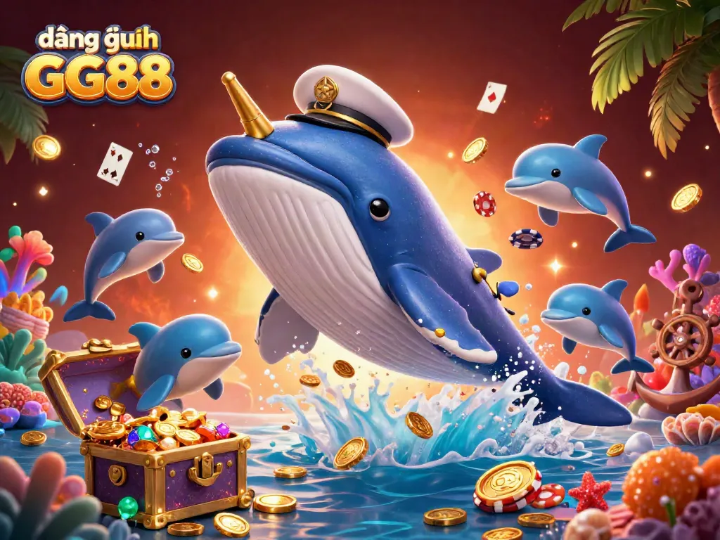 Engage with đăng nhập GG88 in a vibrant underwater casino scene featuring a playful whale and dolphins.