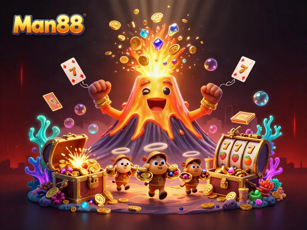 Experience Man88's thrilling casino atmosphere as coins and treasures erupt from a golden volcano in this vibrant scene.