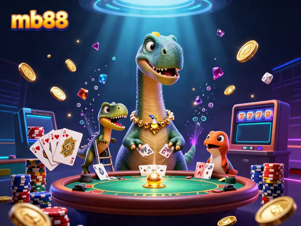 Experience the vibrant excitement of mb88, featuring colorful characters amidst dynamic casino elements.