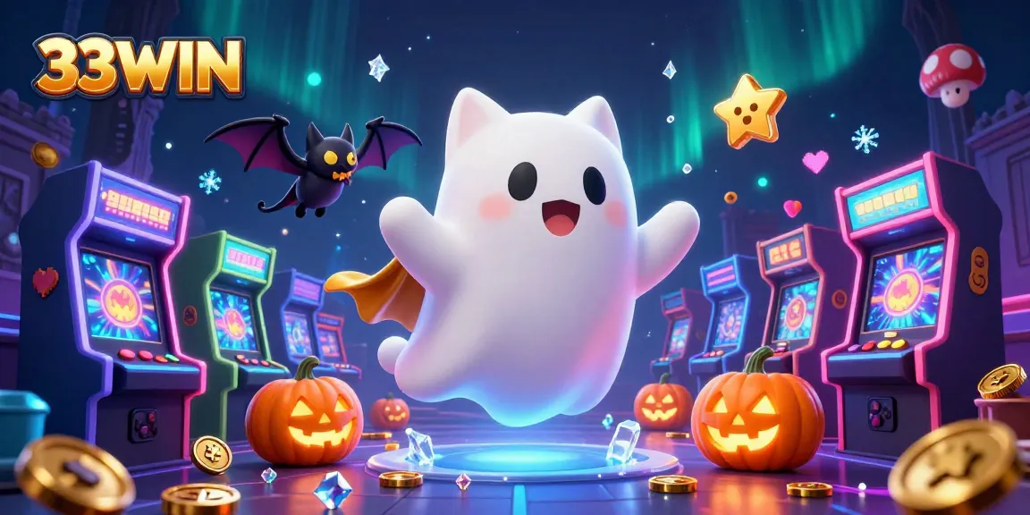 Engaging illustration of 33WIN, featuring a ghost cat and vampire bat in a vibrant casino scene.