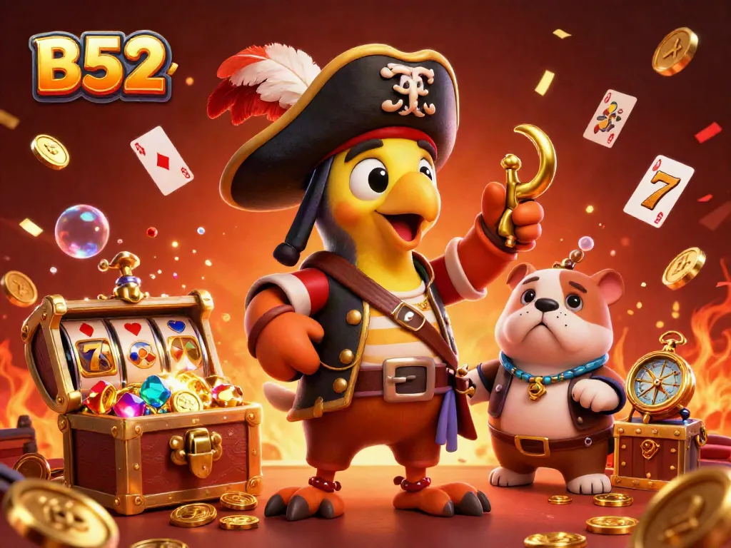 Enjoy thrilling B52 casino adventures with a pirate captain and his crew in a colorful 3D scene.