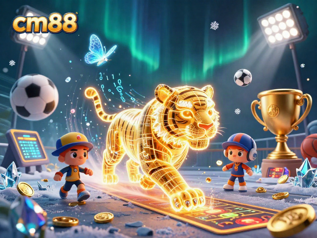 Engage in thrilling gameplay with cm88 in a vibrant 3D casino landscape filled with sports balls and golden prizes.