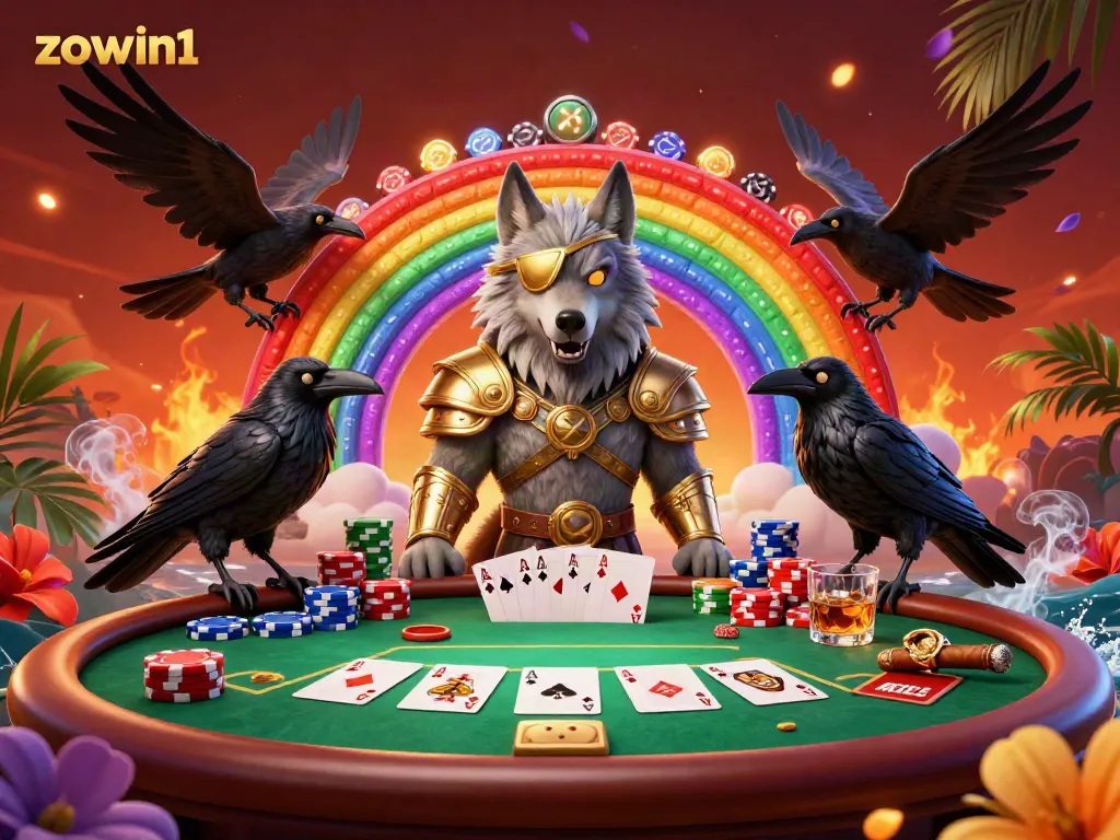 Experience the excitement of zowin1 with a vibrant 3D illustration of Odin and bin elements of poker and casino gaming.