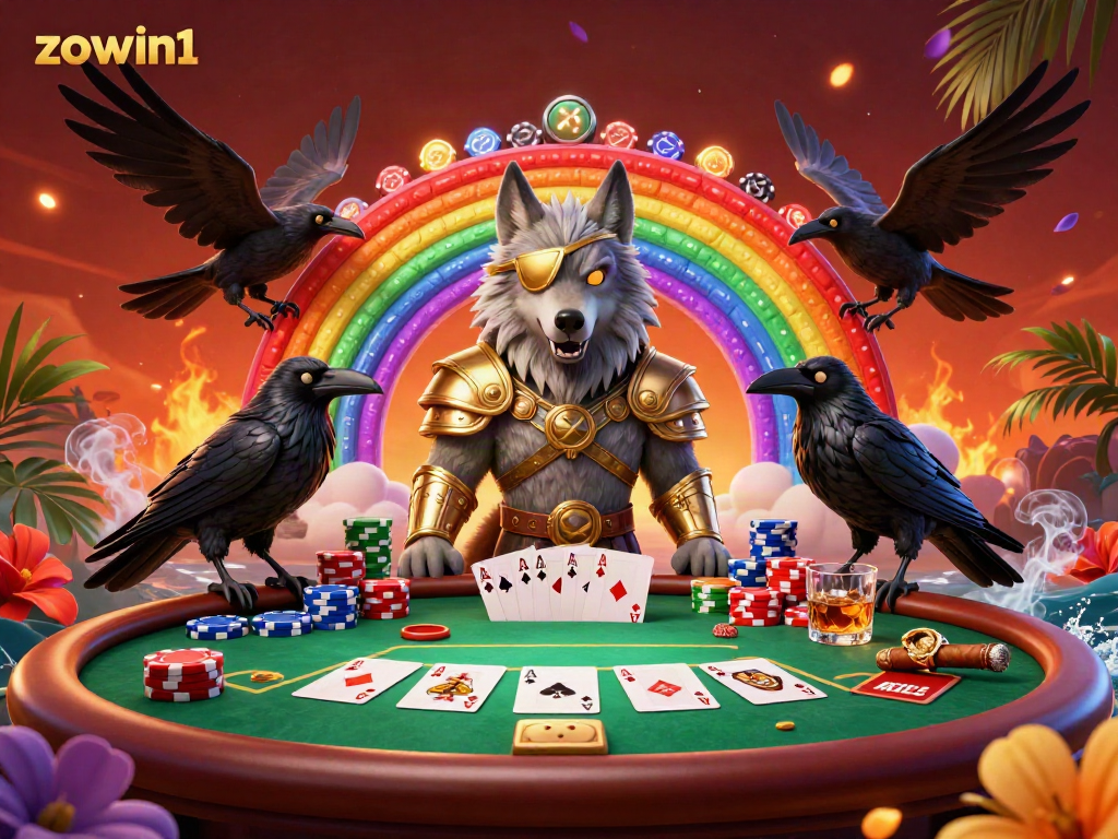 Experience the excitement of zowin1 with a vibrant 3D illustration of Odin and bin elements of poker and casino gaming.