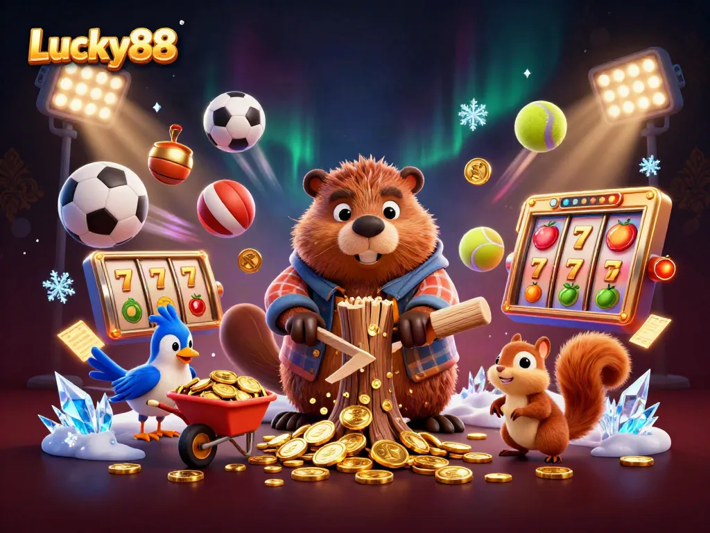 Lucky88 highlights a dynamic casino scene with a beaver collecting gold coins, showcasing thrilling online casino gaming.