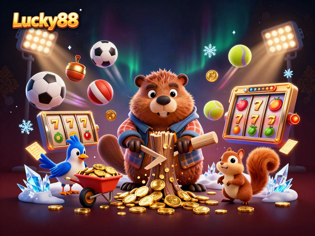Lucky88 highlights a dynamic casino scene with a beaver collecting gold coins, showcasing thrilling online casino gaming.