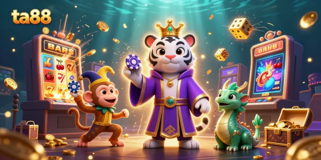 Experience excitement at ta88 with a dynamic casino scene featuring colorful characters and vivid game elements.