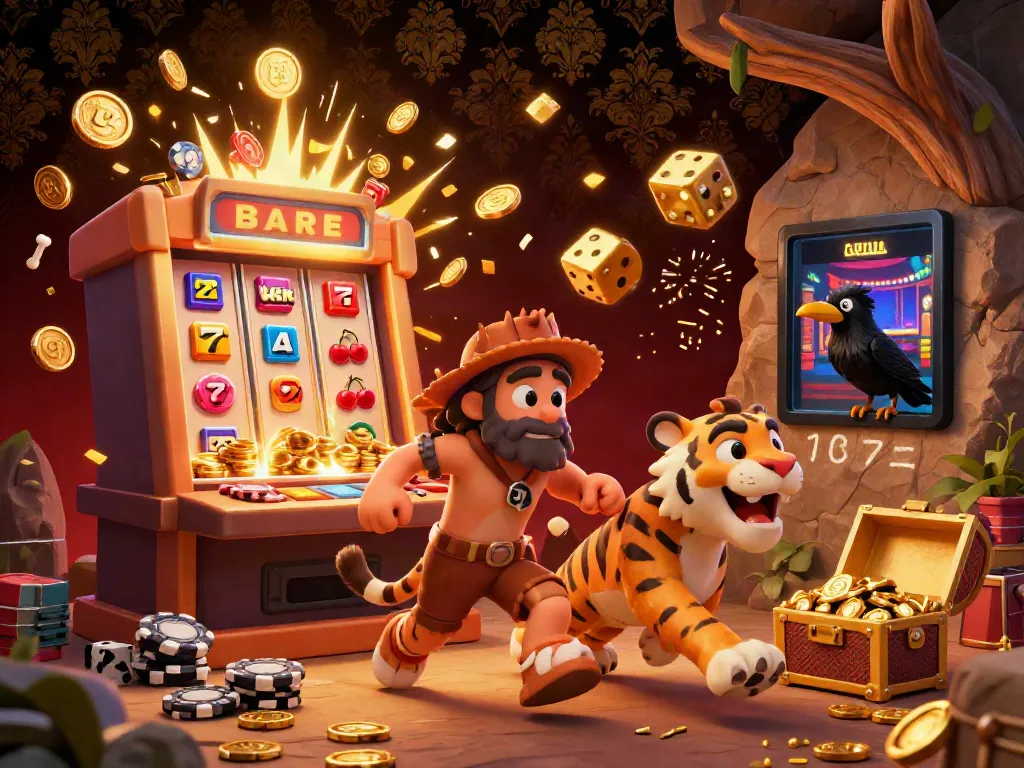 Experience the exciting world of lc88comm with a vibrant 3D prehistoric casino scene featuring unique characters and gaming elements.