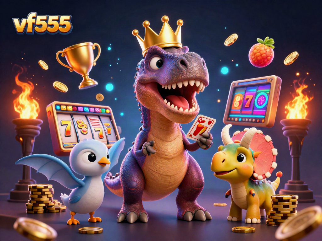 Engage in the vf555 casino action with a dinosaur-themed card game illustration.