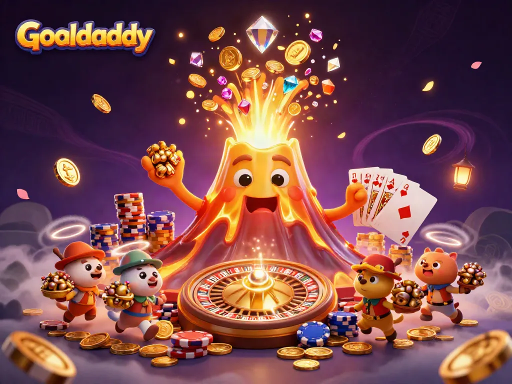 Goaldaddy showcases a vibrant, dynamic casino scene with a golden volcano erupting treasures.