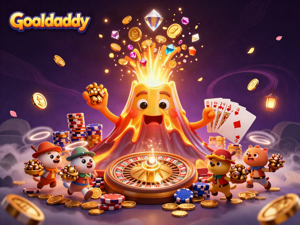 Goaldaddy showcases a vibrant, dynamic casino scene with a golden volcano erupting treasures.