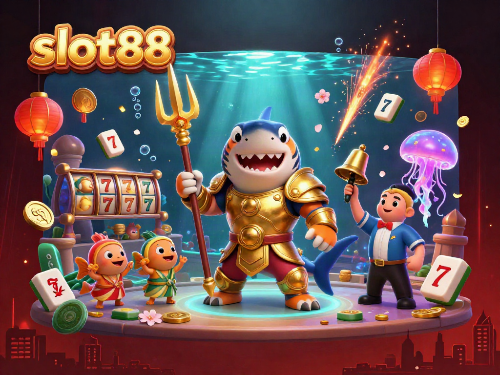 Engage in thrilling slot88 gameplay with an immersive underwater colosseum scene featuring a shark and vibrant casino elements.