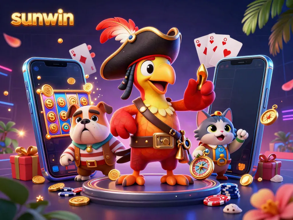 Experience thrilling wins at Sunwin with vibrant slot game action embodied in 3D cartoon illustration.