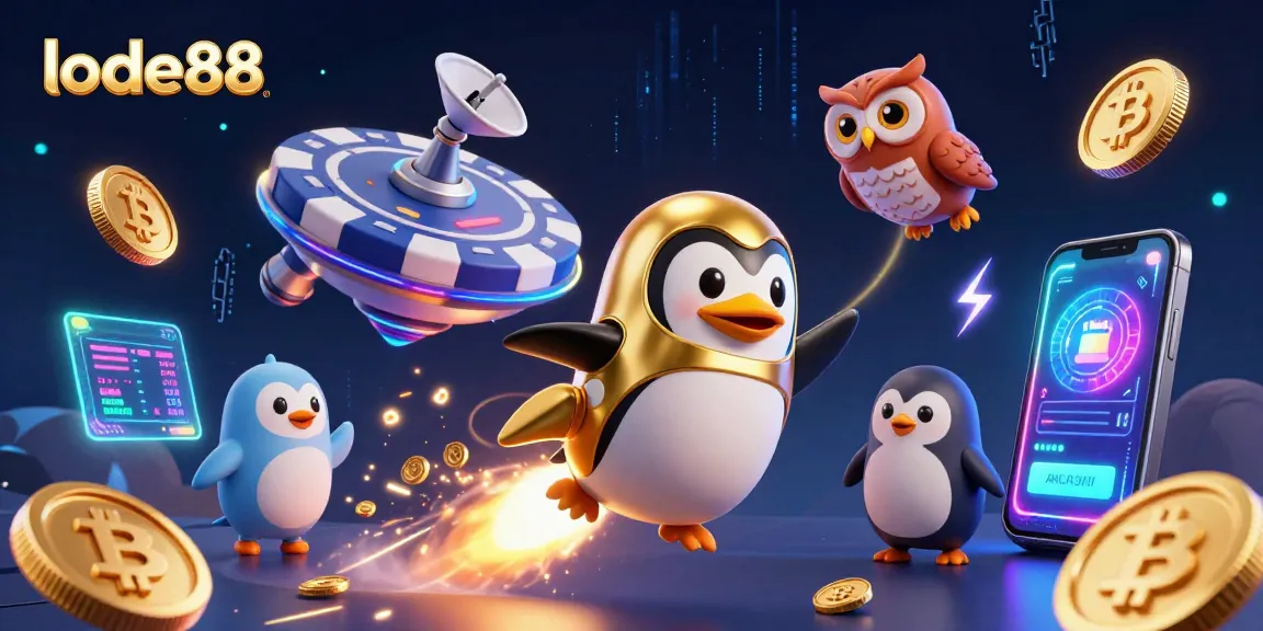 Experience thrilling gaming with lode88, featuring a dynamic rocket penguin and neon elements in space!