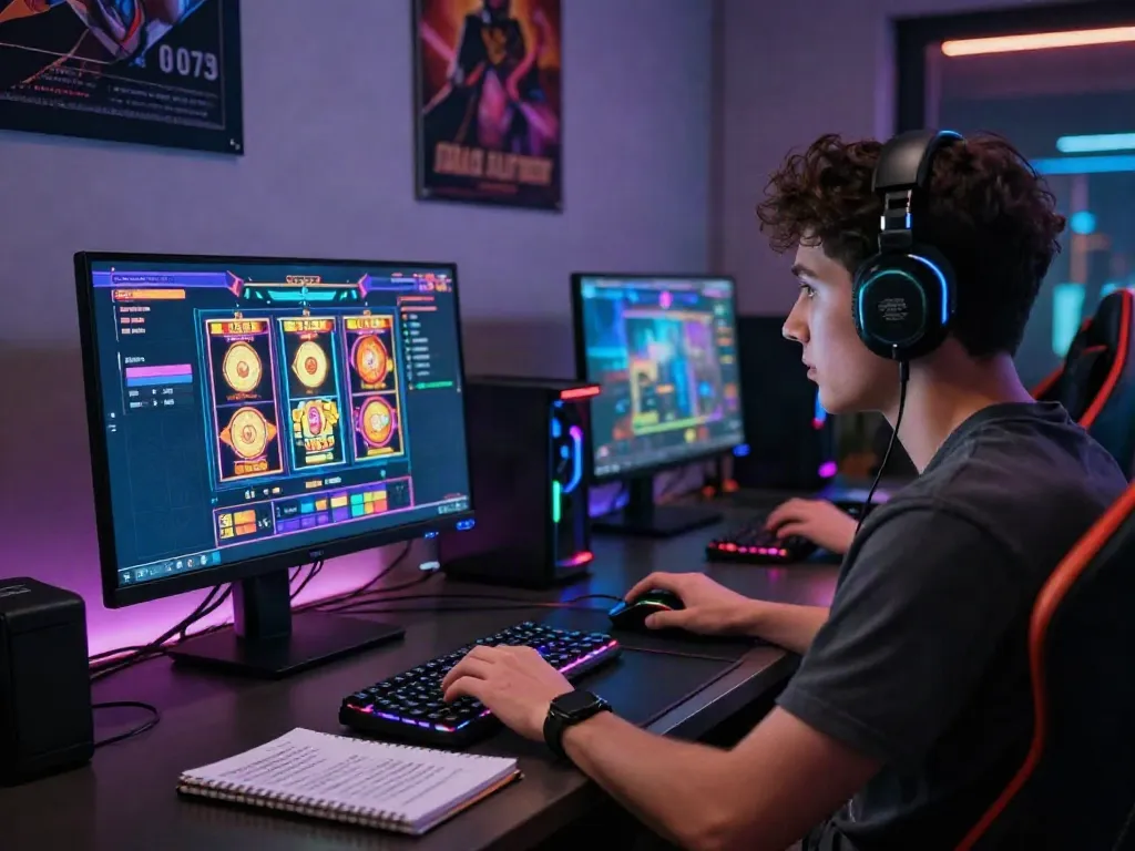 Engaged player enjoying the link slot gacor on a vibrant digital gaming interface, surrounded by gaming gear.
