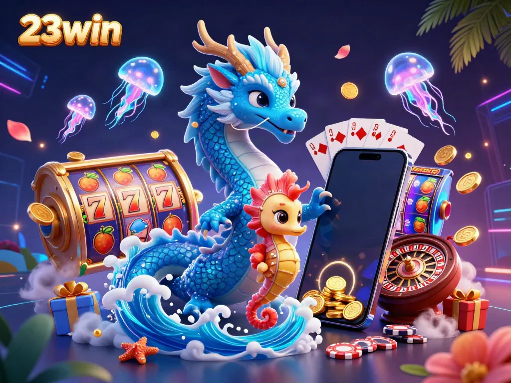 Engage with thrilling 23win slots as azure water dragon and seahorse knight come alive in a vibrant casino scene